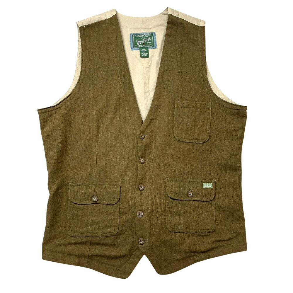 Woolrich Men's Ruxton Wool Blend Herringbone Utility Vest Size L Olive Green